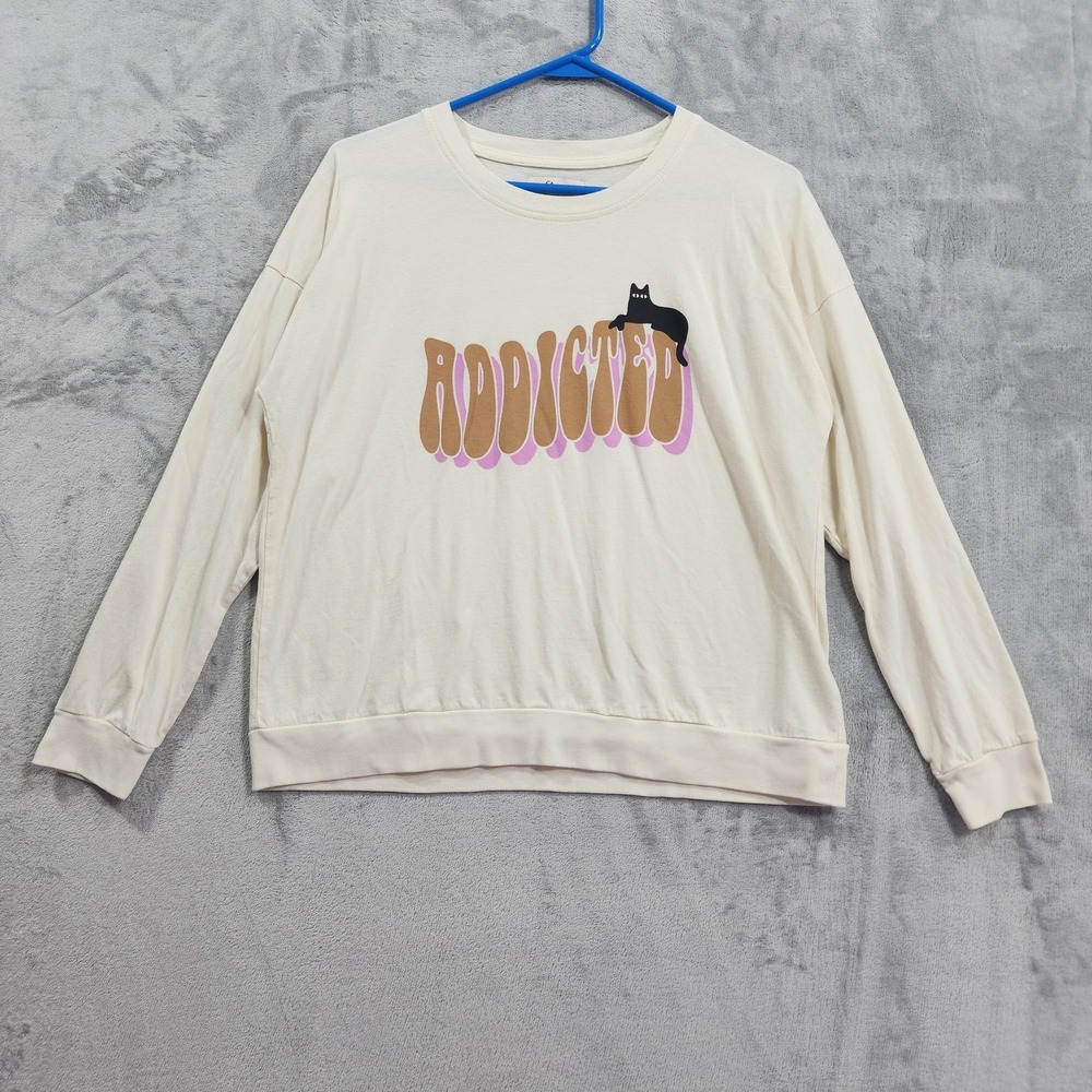 Etam Shirt Womens‎ M Cream Crew Neck Graphic Tee Addicted Cat Long Sleeve Cotton